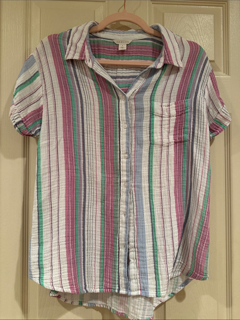 Caslon Multistripe Button-Front Short Sleeve Shirt